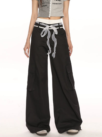 Double Waistband Bow Tie Casual Pants