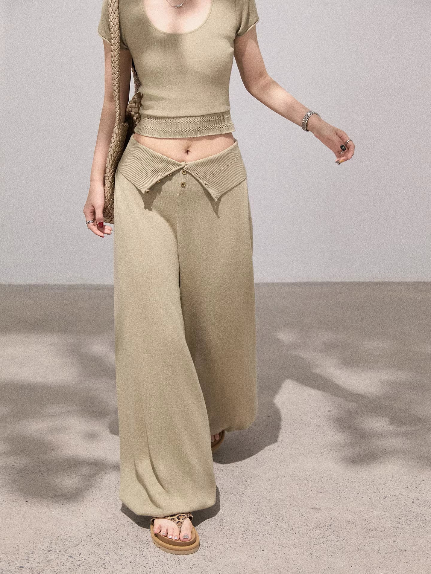 Knitted Slim Tee & High-waisted Pants Set