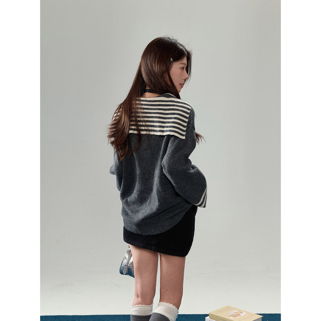 Strip Collar Knitted Sweater Cardigan