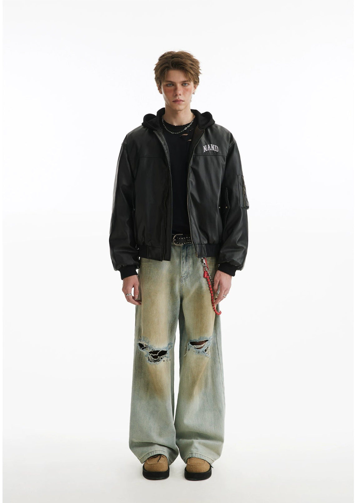 Two Pieces PU Lint Bomber Hooded Jacket