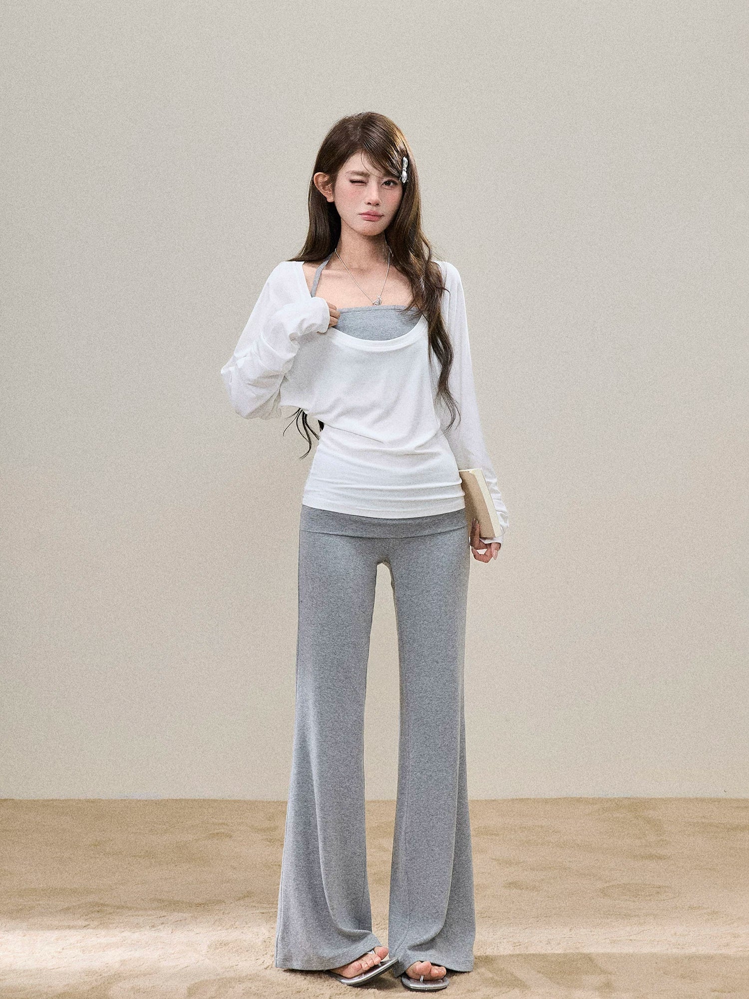 Fold-Over Waist Micro-Flare Knit Pants