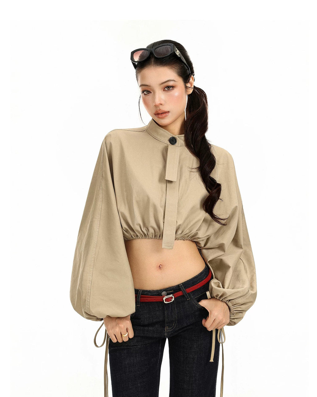 Drawstring Balloon Sleeve Cropped Jacket