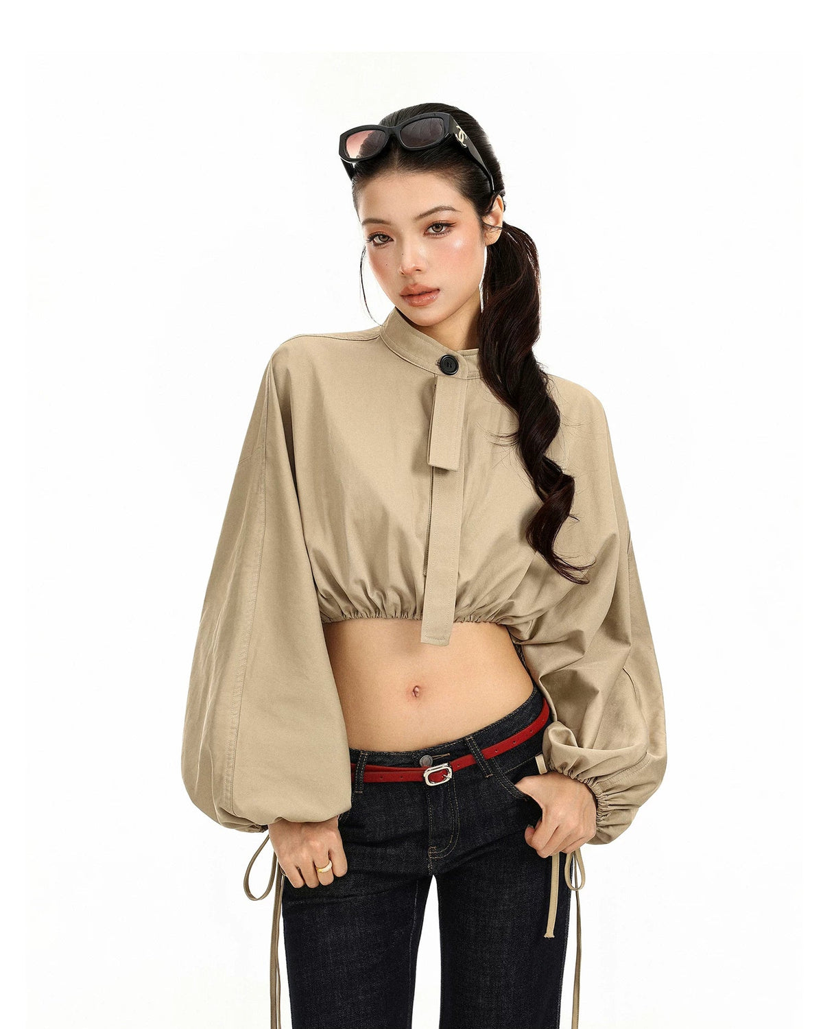 Drawstring Balloon Sleeve Cropped Jacket