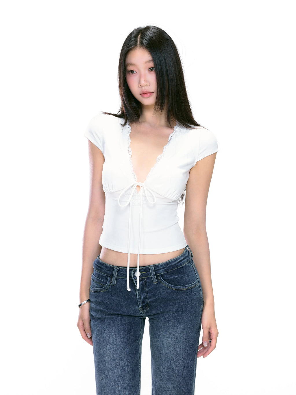 Bow-Front Fitted V-Neck Top