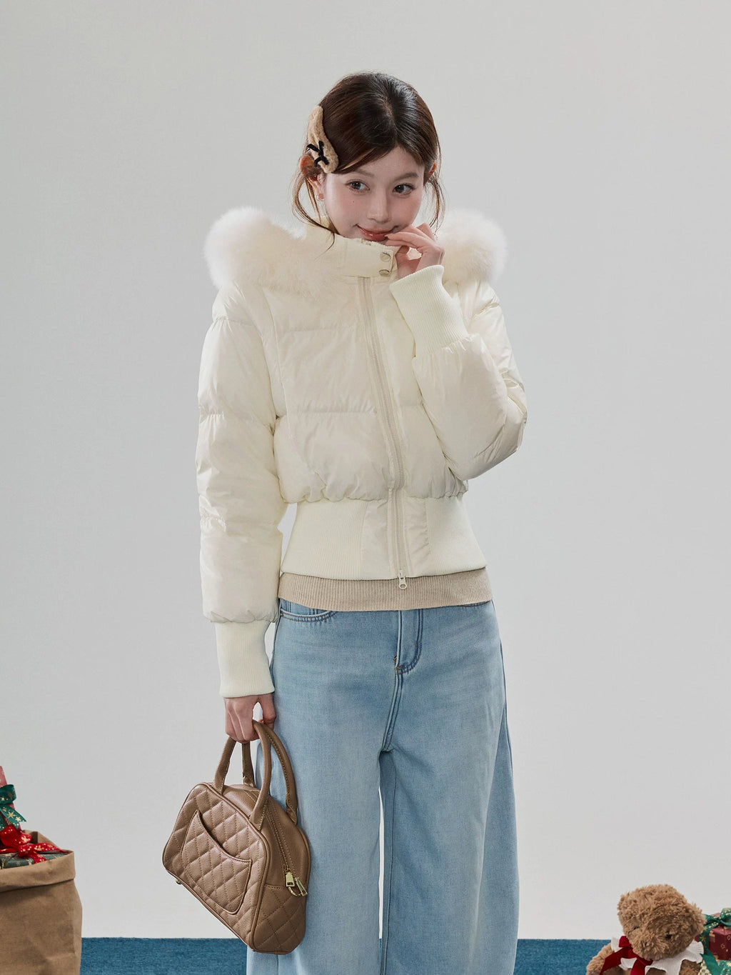 Fur-Trim Hooded Quilted Puffer Jacket