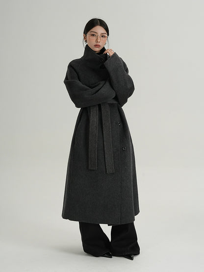Premium Temperament Stand Collar Grey Long Coat