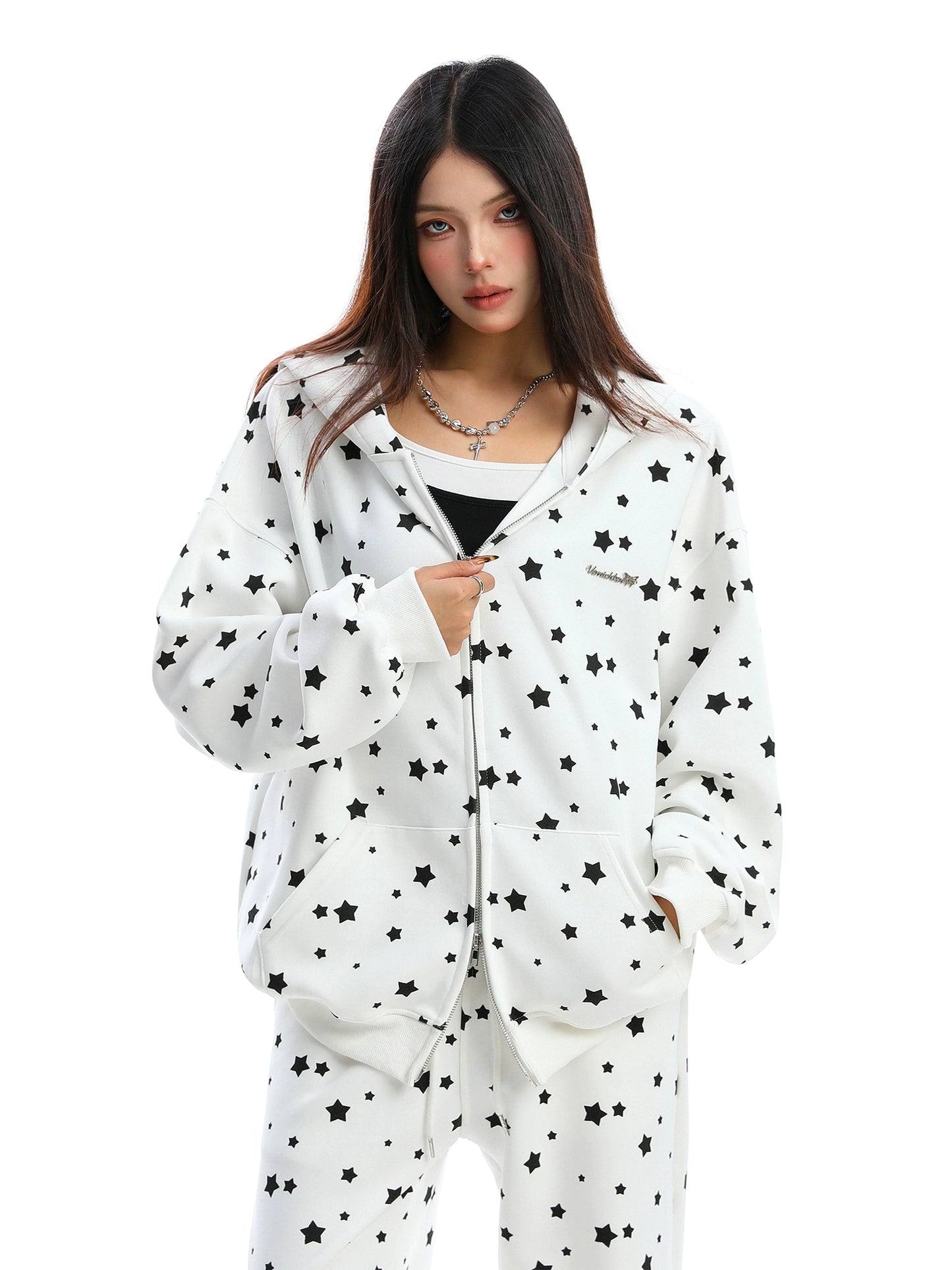 Full Print Star Rabbit Ears Hooded Sweatshirt Set