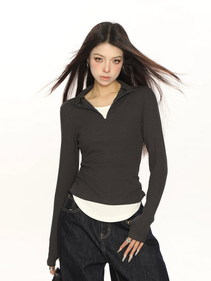 Half-Turtleneck Fake Two Zipper Long Sleeve Top