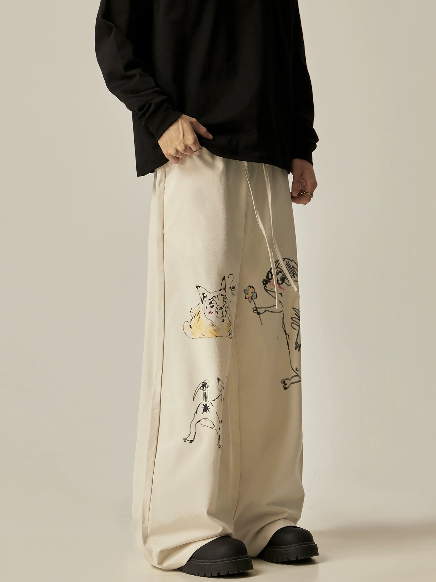 Retro Cat & Dog Sketch Wide-Leg Loose Pants