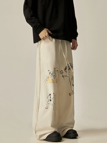 Retro Cat & Dog Sketch Wide-Leg Loose Pants