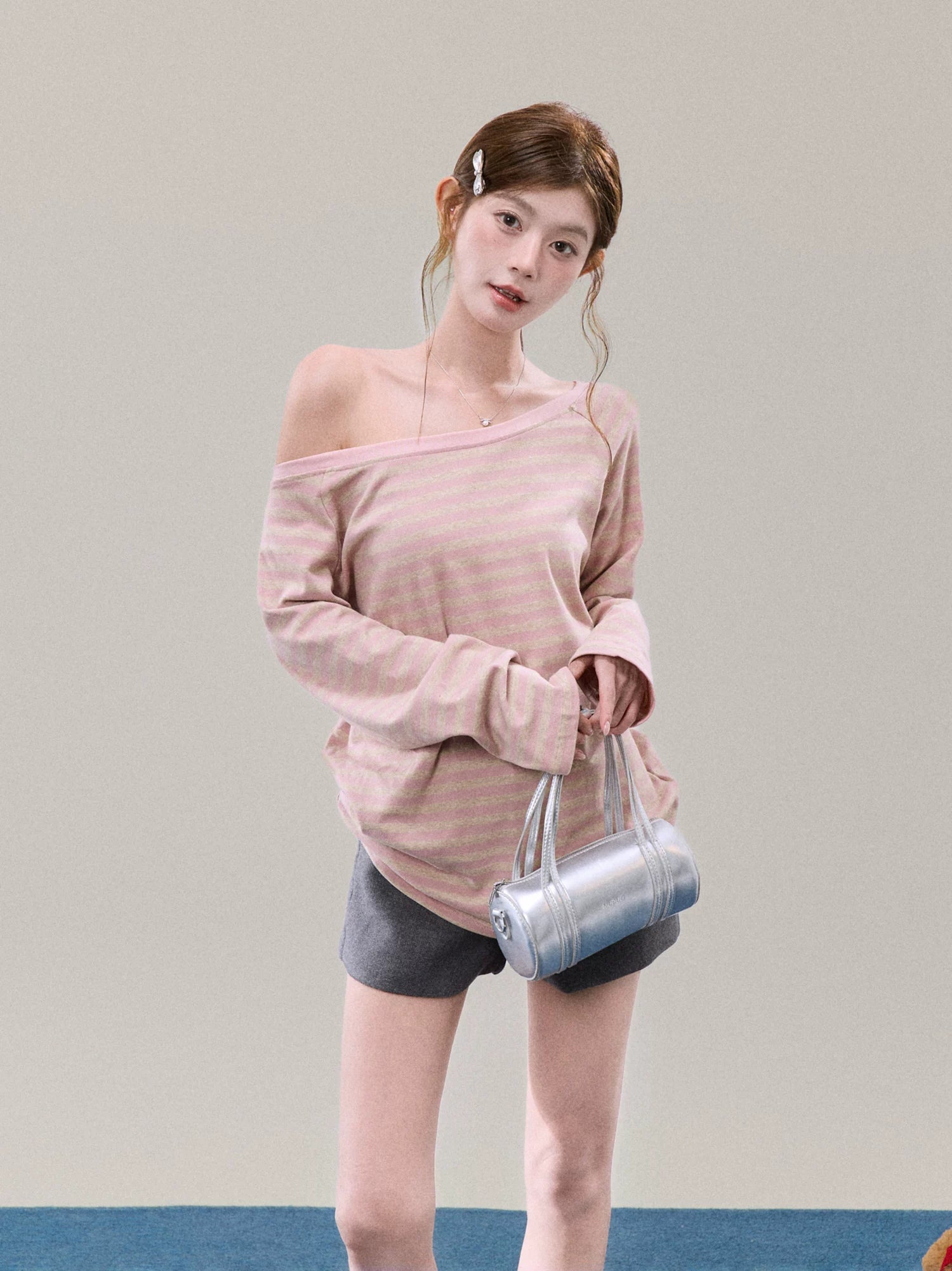 Off-Shoulder Pink Striped Knit Top