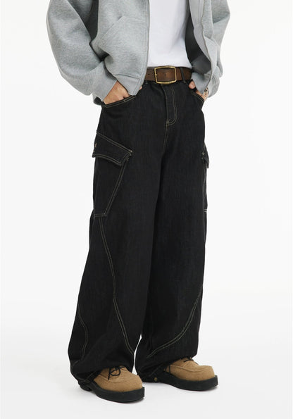 Loose Double Large Side Pocket Wide-Leg Jeans