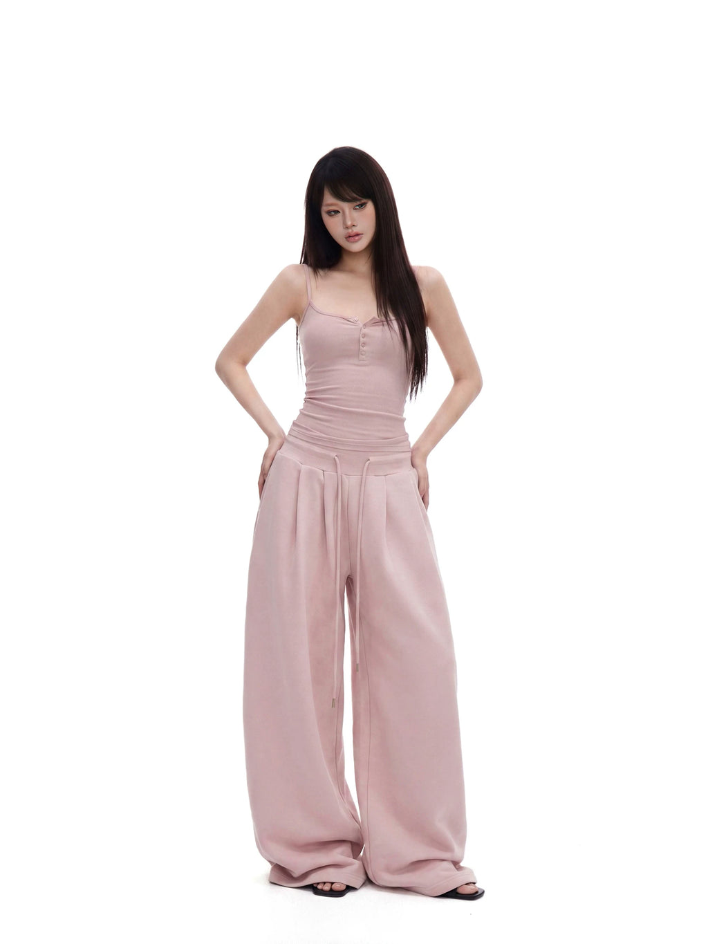 Button-Placket Cami & Drawstring Wide-Leg Pants Set