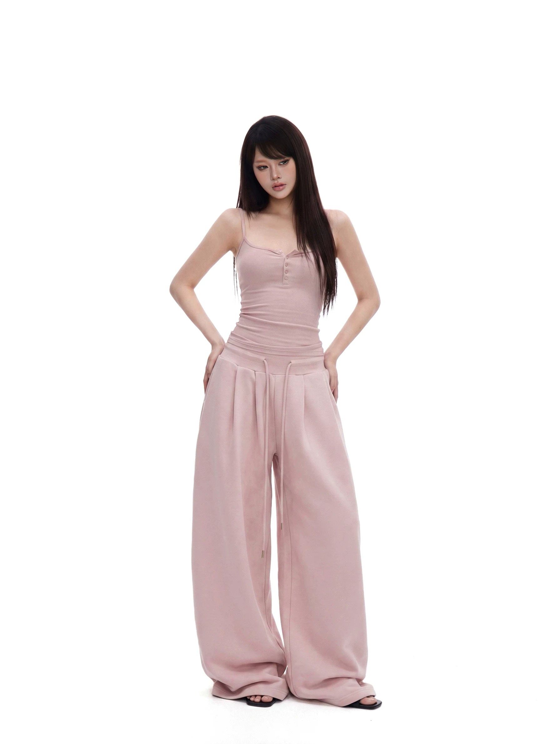 Button-Placket Cami & Drawstring Wide-Leg Pants Set