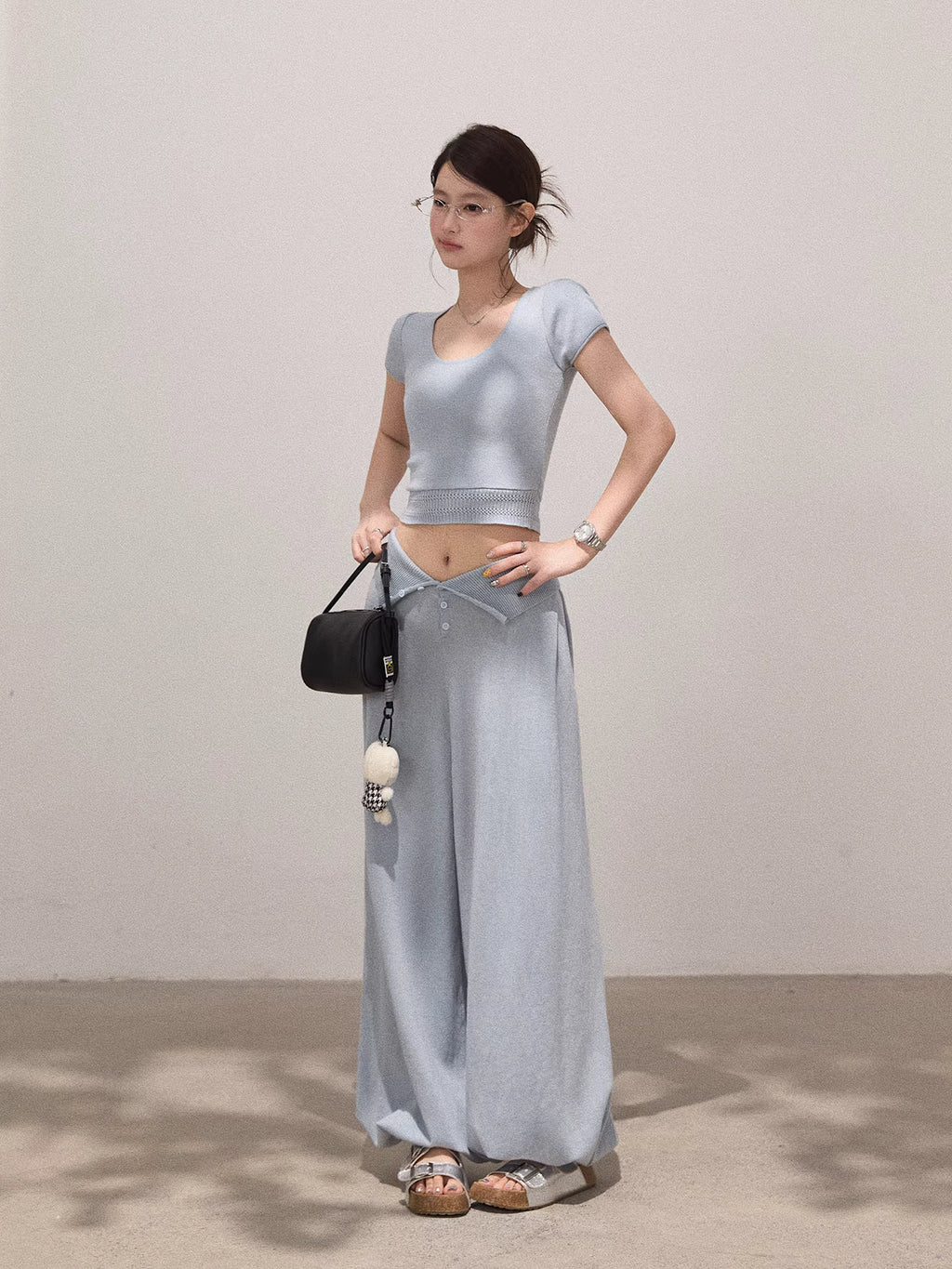 Knitted Slim Tee & High-waisted Pants Set