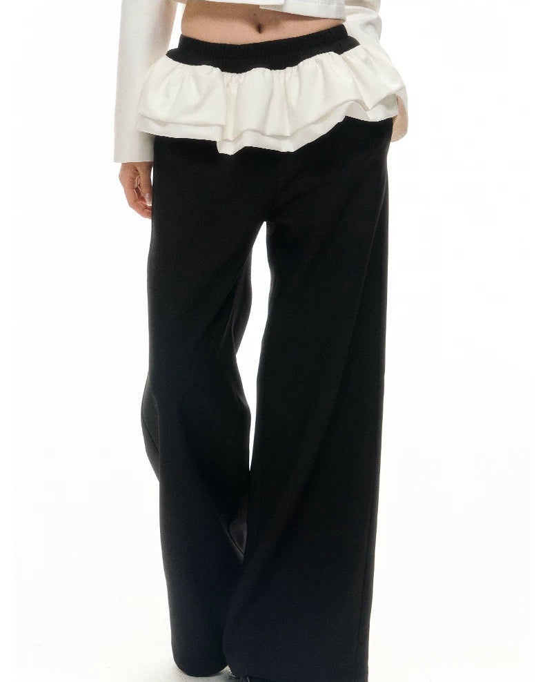 Contrast Sailor-Collar Cropped Blazer & Flared Wide-Leg Pants Set