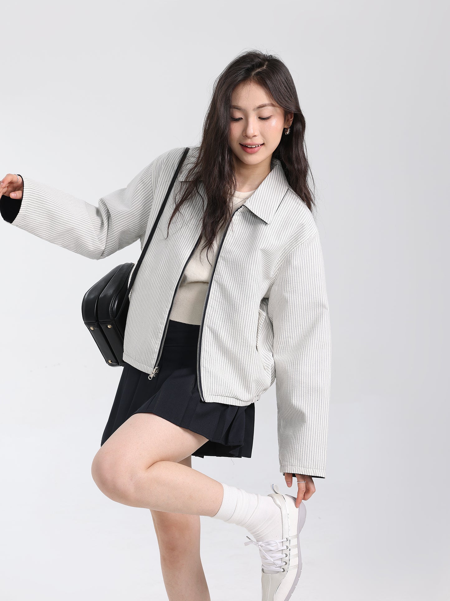 Reversible White Navy Korean Retro Striped Jacket