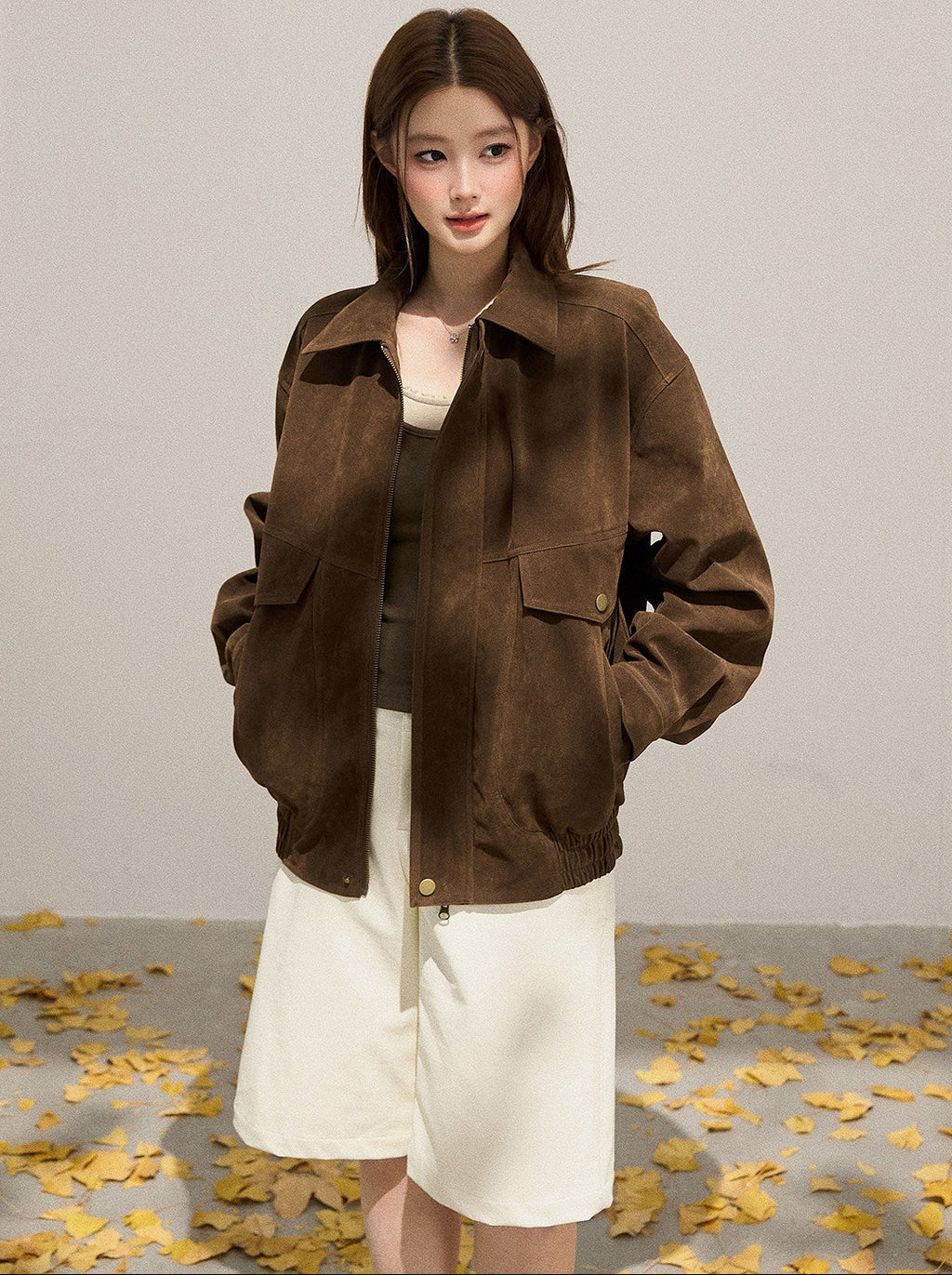 Retro Zipper Lapel Suede Long Sleeve Jacket