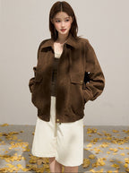 Retro Zipper Lapel Suede Long Sleeve Jacket