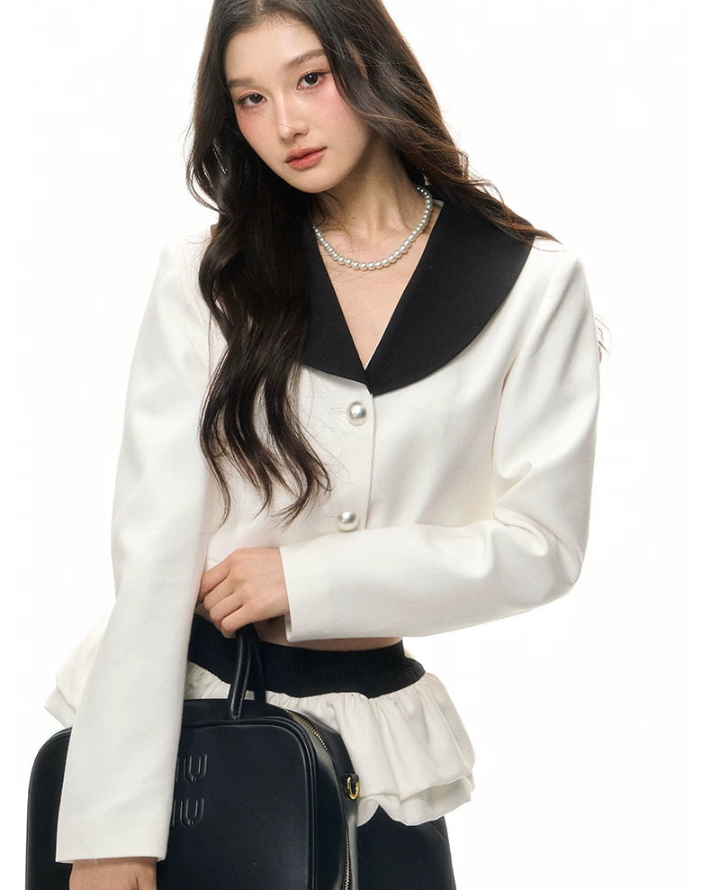 Contrast Sailor-Collar Cropped Blazer & Flared Wide-Leg Pants Set