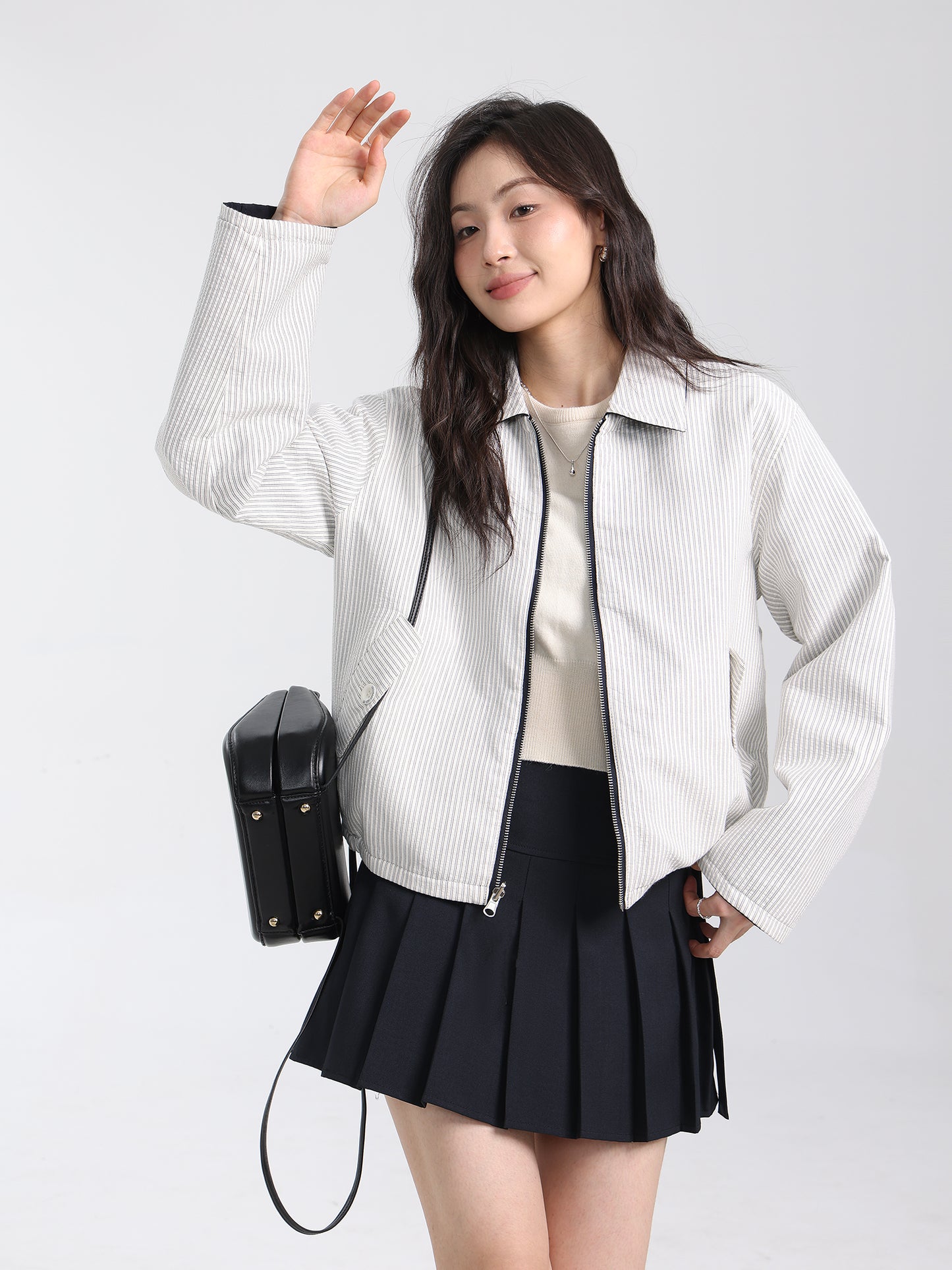 Reversible White Navy Korean Retro Striped Jacket
