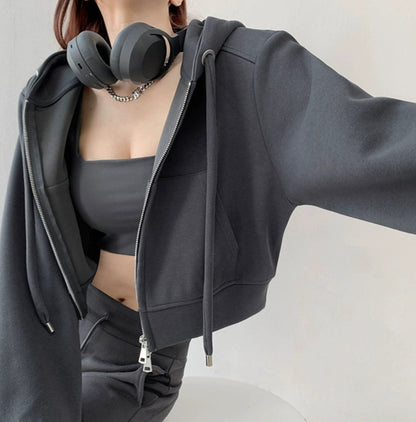 Casual Crop Top Zipper Hooded Jacket