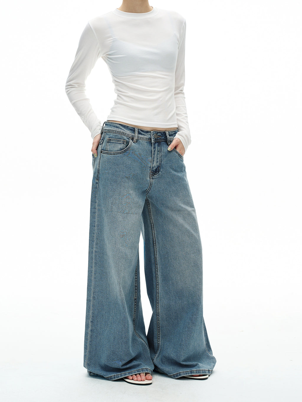 Vintage Washed Wide-Leg Flared Jeans