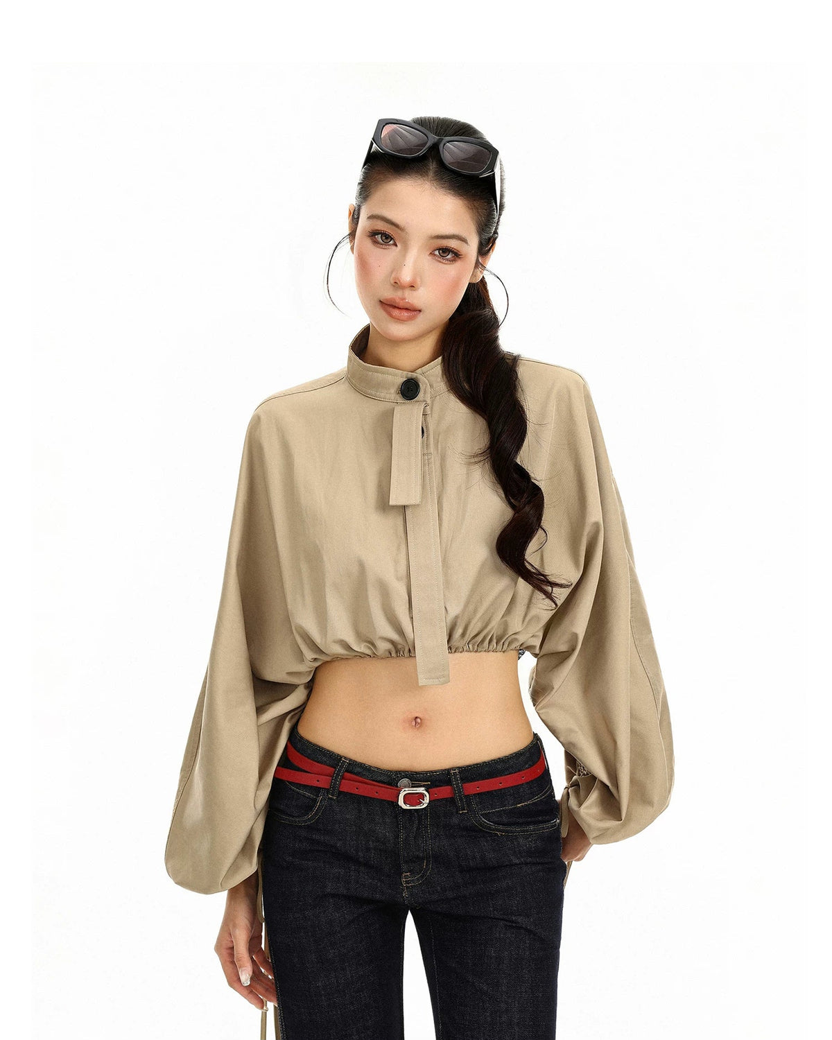 Drawstring Balloon Sleeve Cropped Jacket