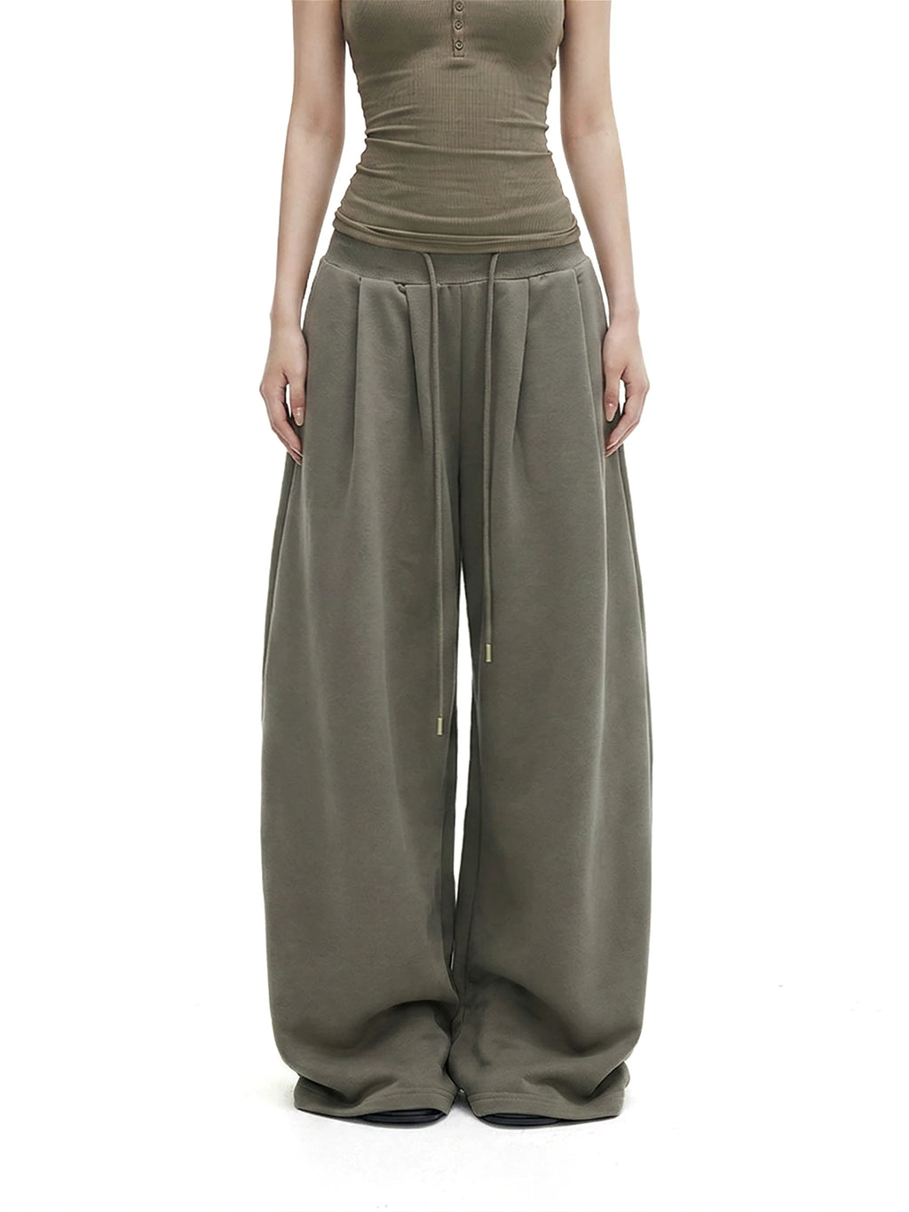 Button-Placket Cami & Drawstring Wide-Leg Pants Set