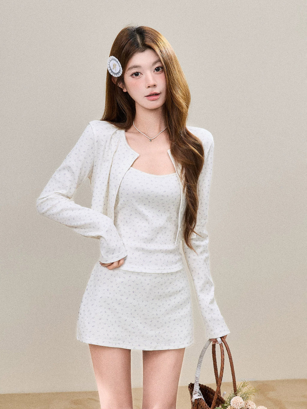 Floral Knit Cardigan, Cami & Skirt Set