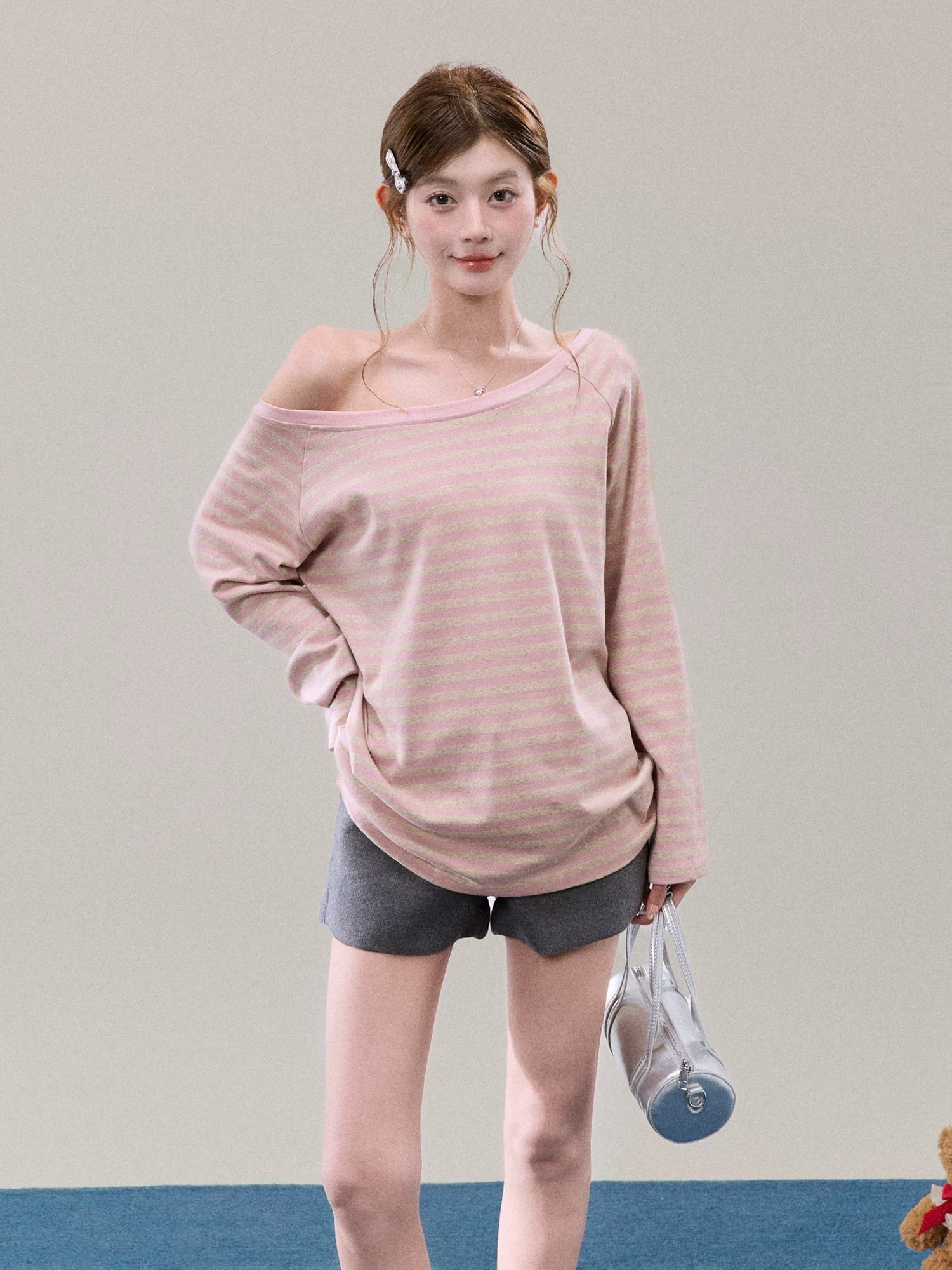 Off-Shoulder Pink Striped Knit Top