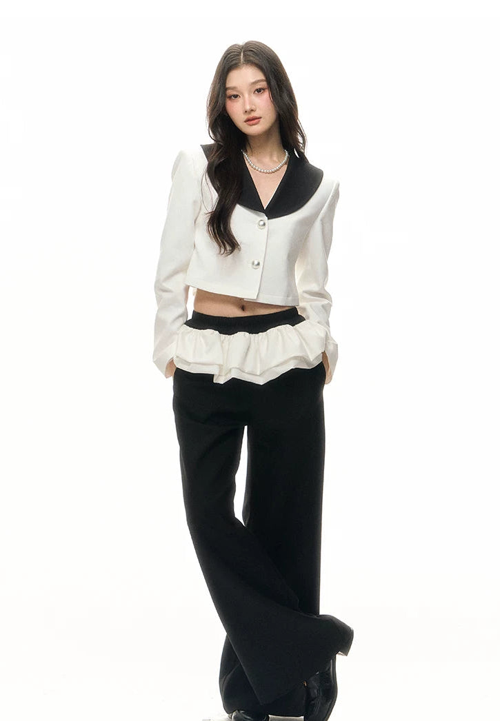 Contrast Sailor-Collar Cropped Blazer & Flared Wide-Leg Pants Set