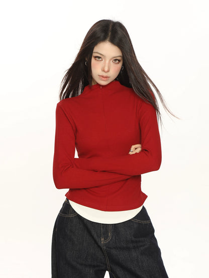 Half-Turtleneck Fake Two Zipper Long Sleeve Top