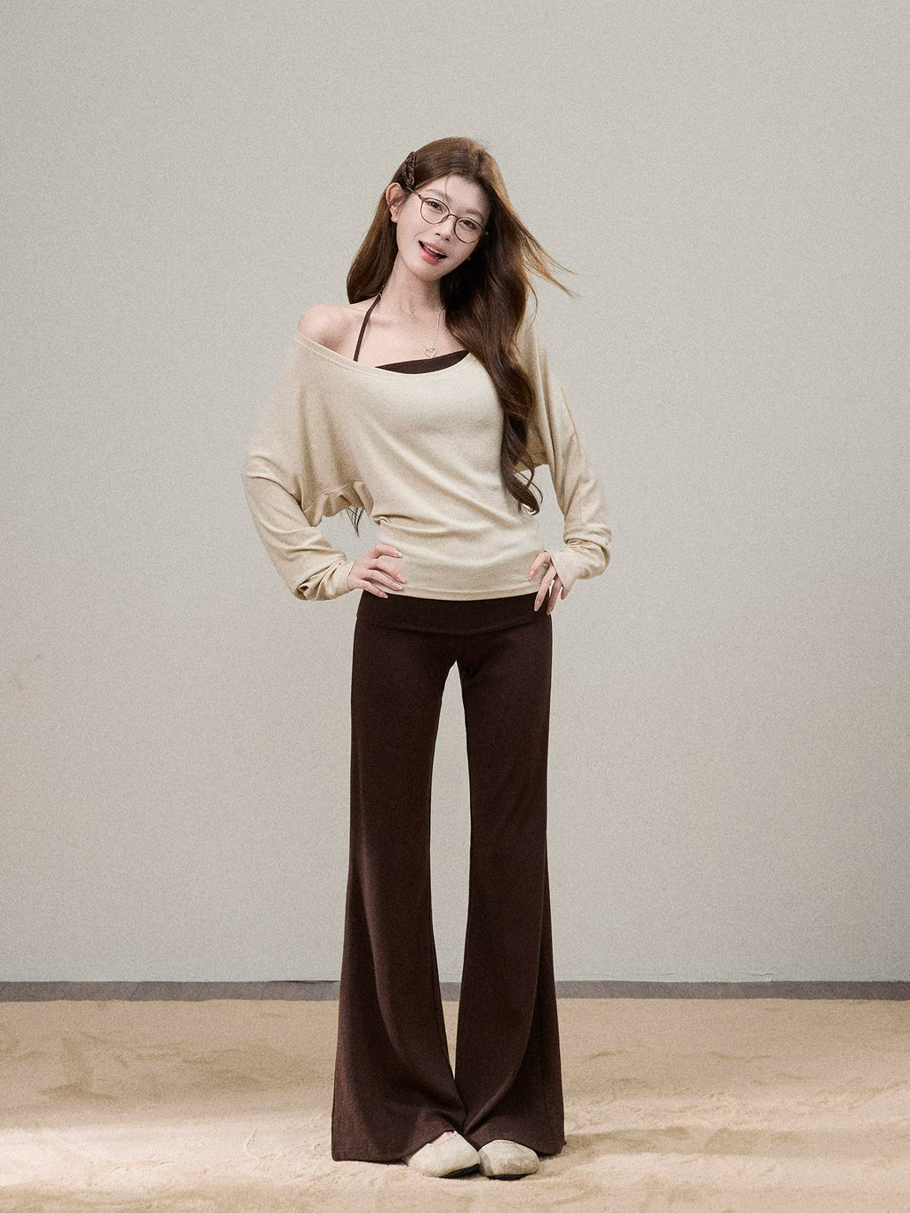 Off-Shoulder Cami-Layered Knit Top Set