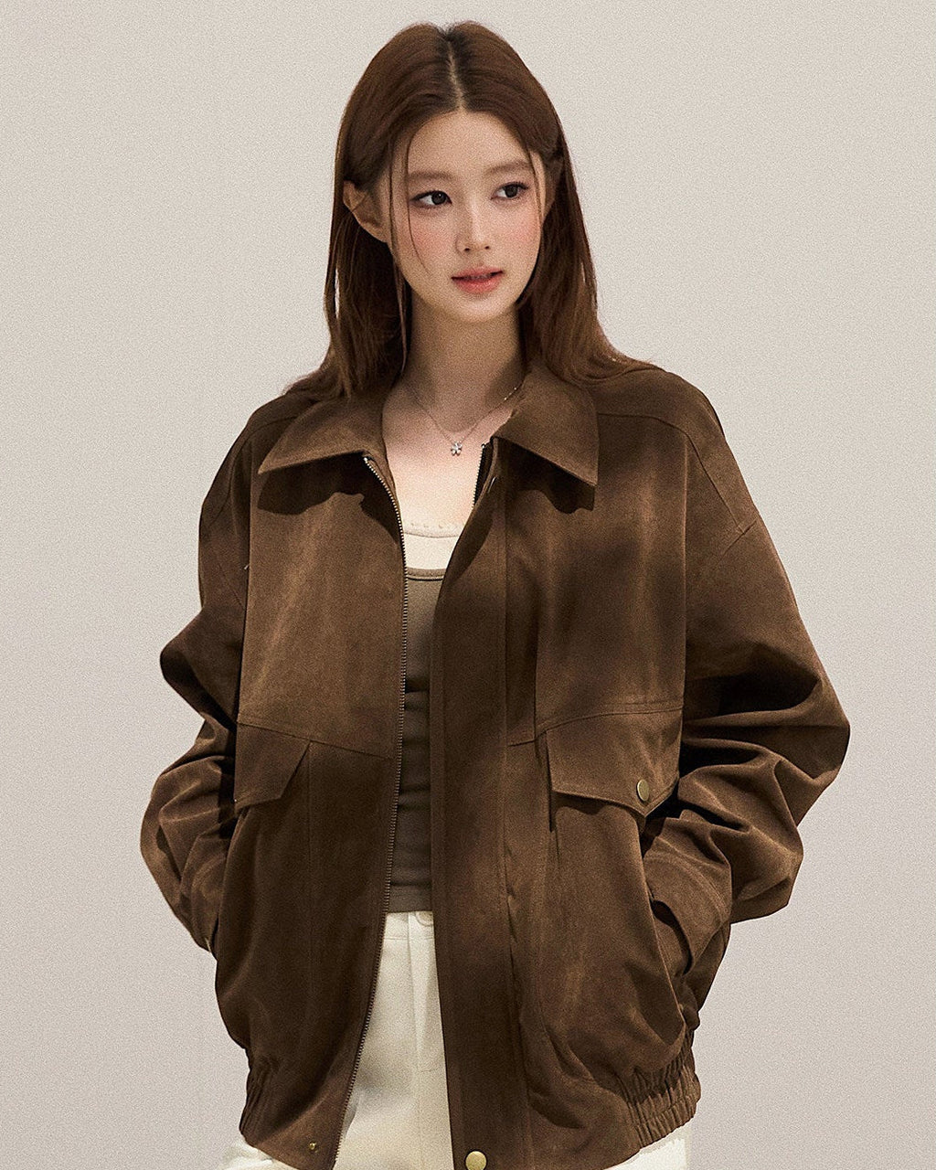 Retro Zipper Lapel Suede Long Sleeve Jacket
