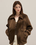 Retro Zipper Lapel Suede Long Sleeve Jacket