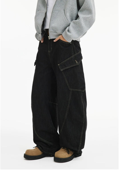 Loose Double Large Side Pocket Wide-Leg Jeans
