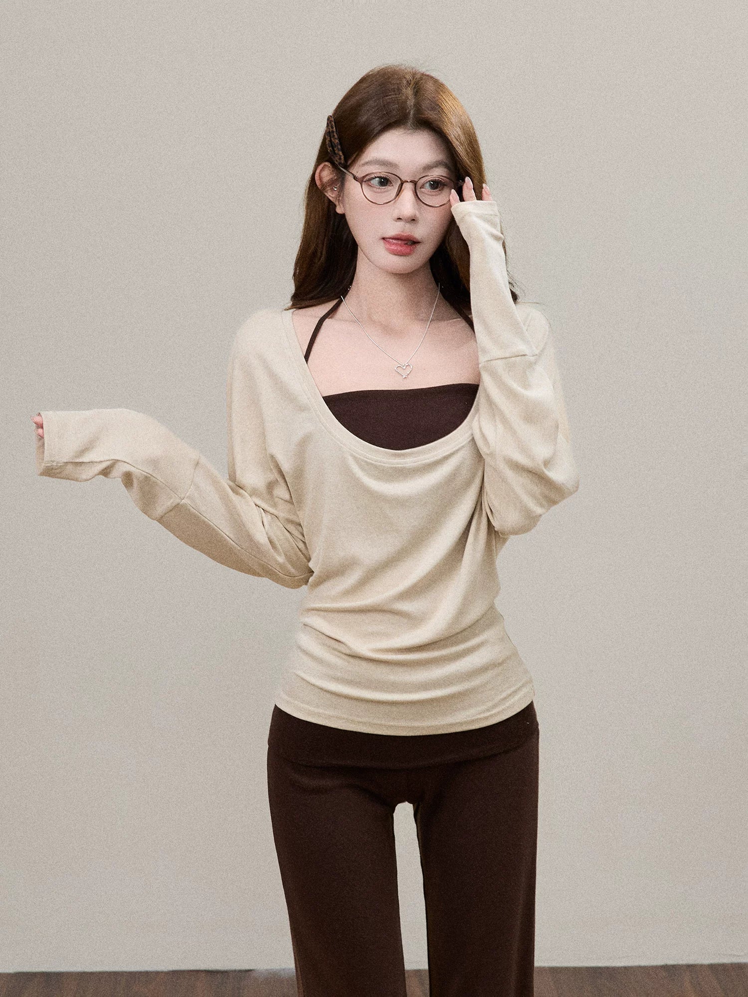 Off-Shoulder Cami-Layered Knit Top Set