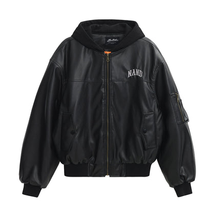 Two Pieces PU Lint Bomber Hooded Jacket
