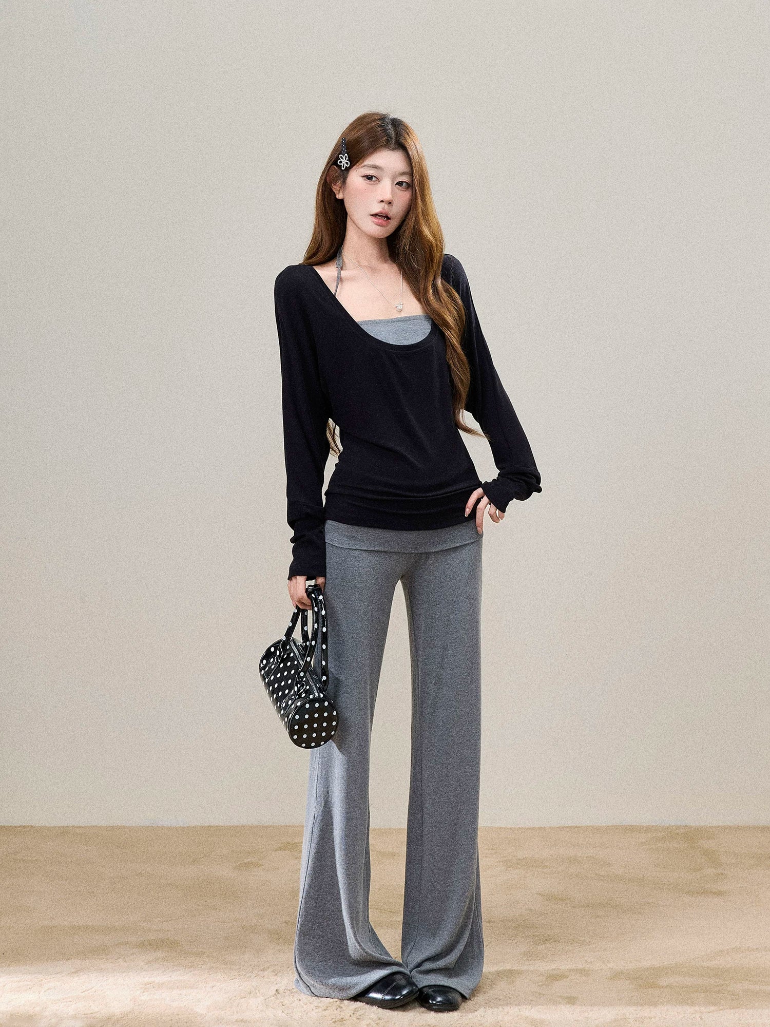 Fold-Over Waist Micro-Flare Knit Pants