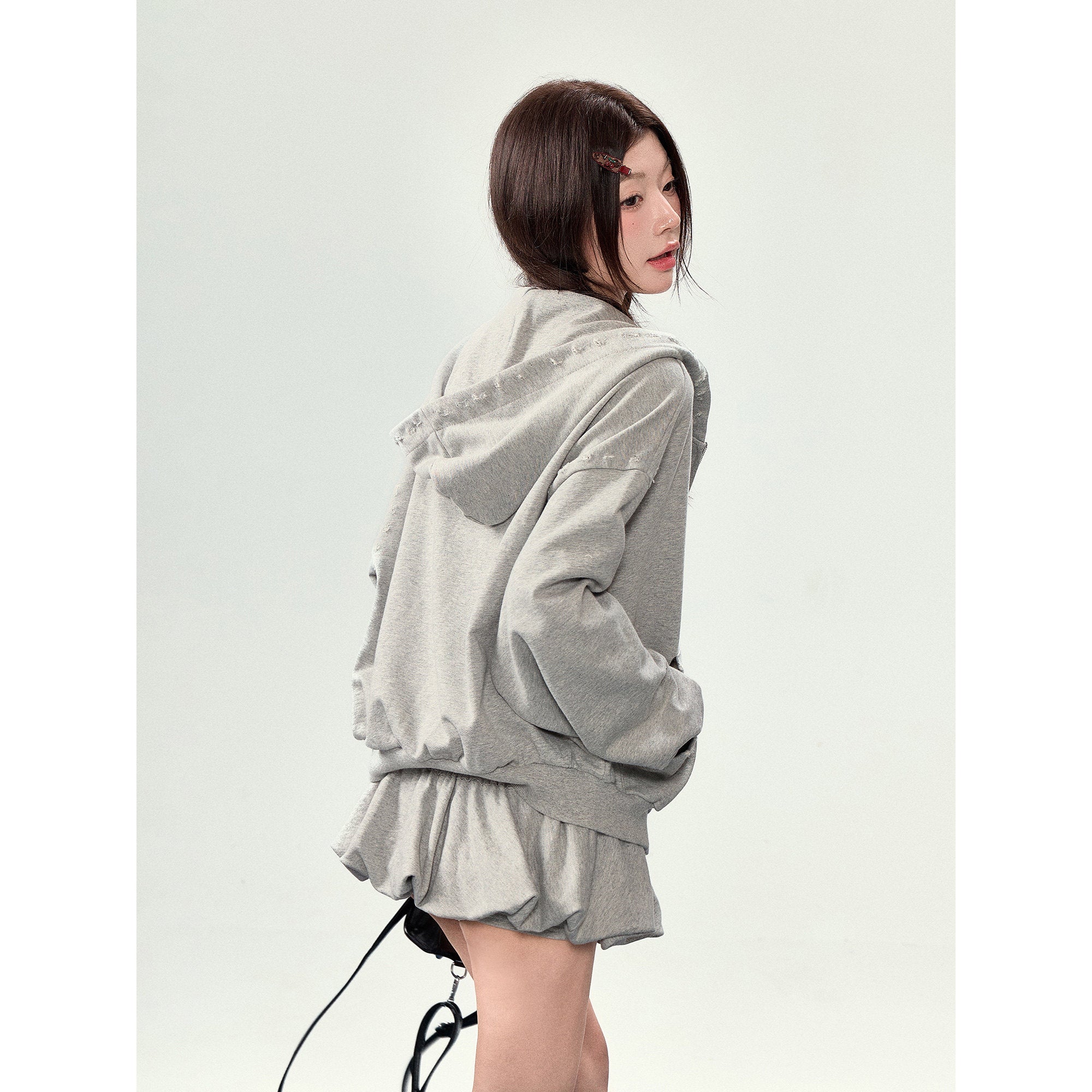 Grey Hooded Sweatshirt Jacket + Flower Skirt Set