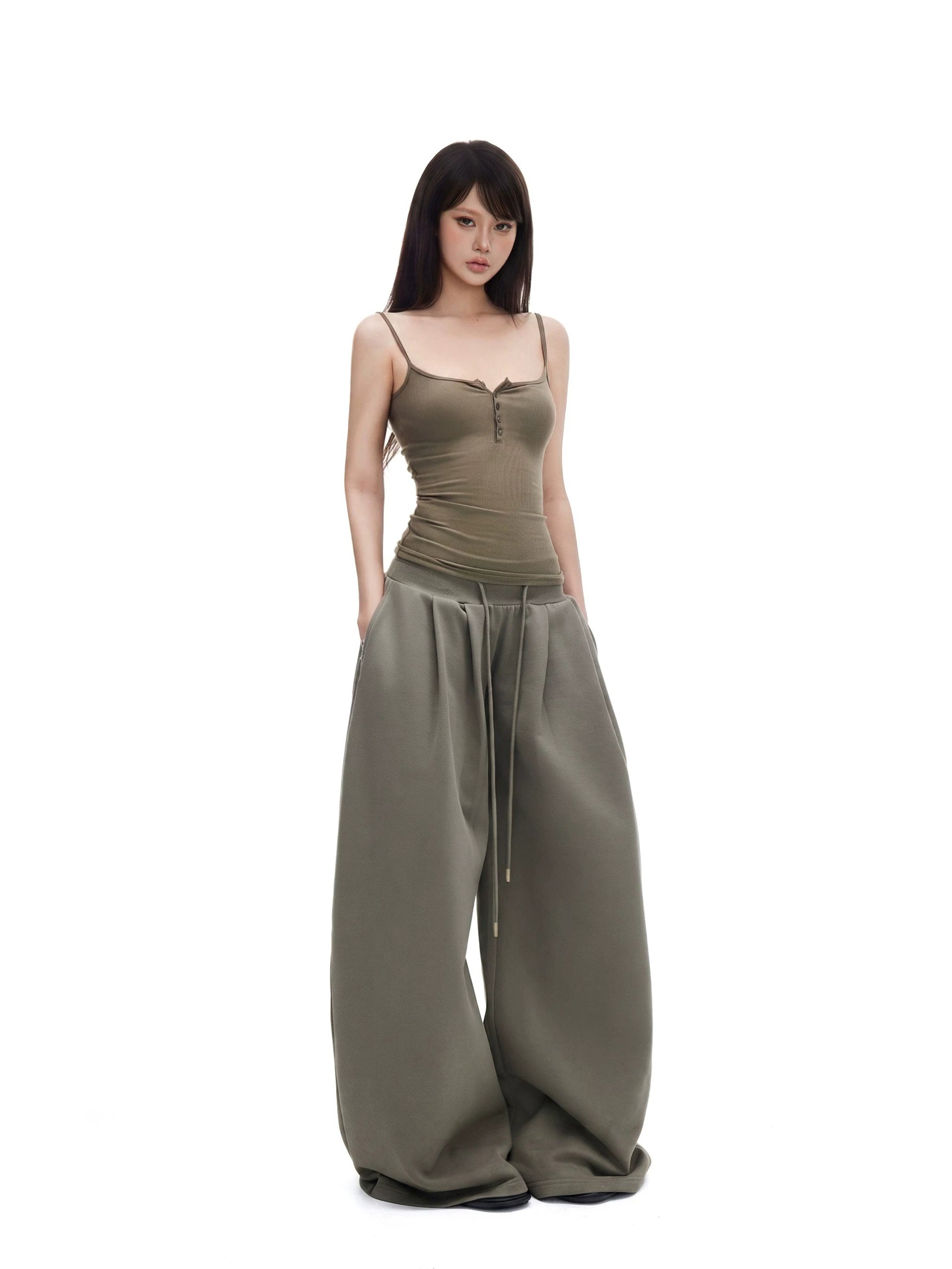 Button-Placket Cami & Drawstring Wide-Leg Pants Set