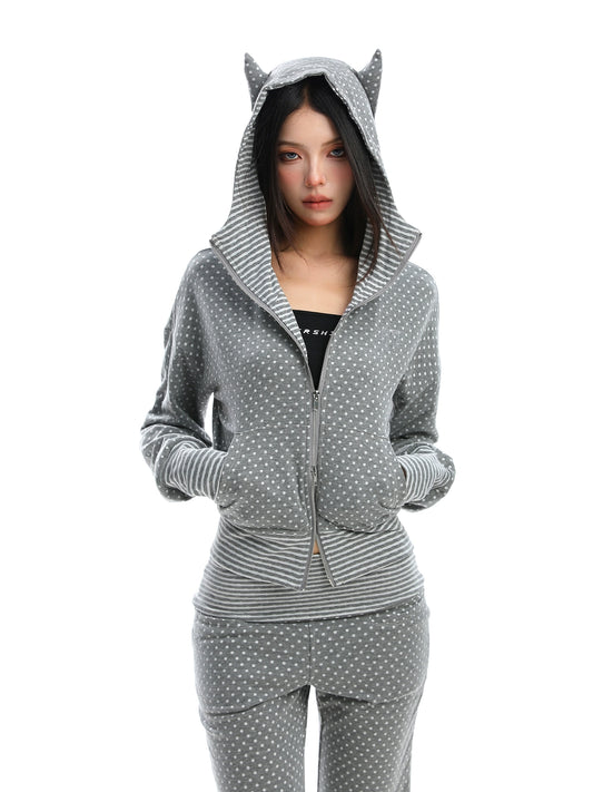Korean Polka Dot Little Devil Hooded Jacket Set
