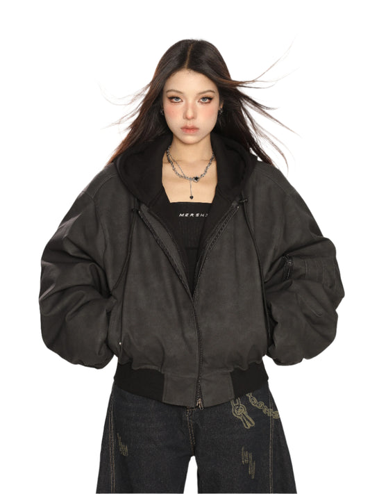 Heavy Double Layer Fake Two Piece Hooded Leather Jacket