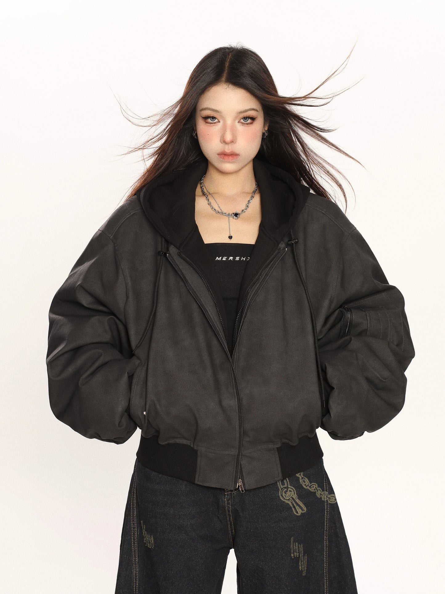 Heavy Double Layer Fake Two Piece Hooded Leather Jacket