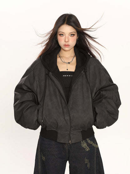 Heavy Double Layer Fake Two Piece Hooded Leather Jacket