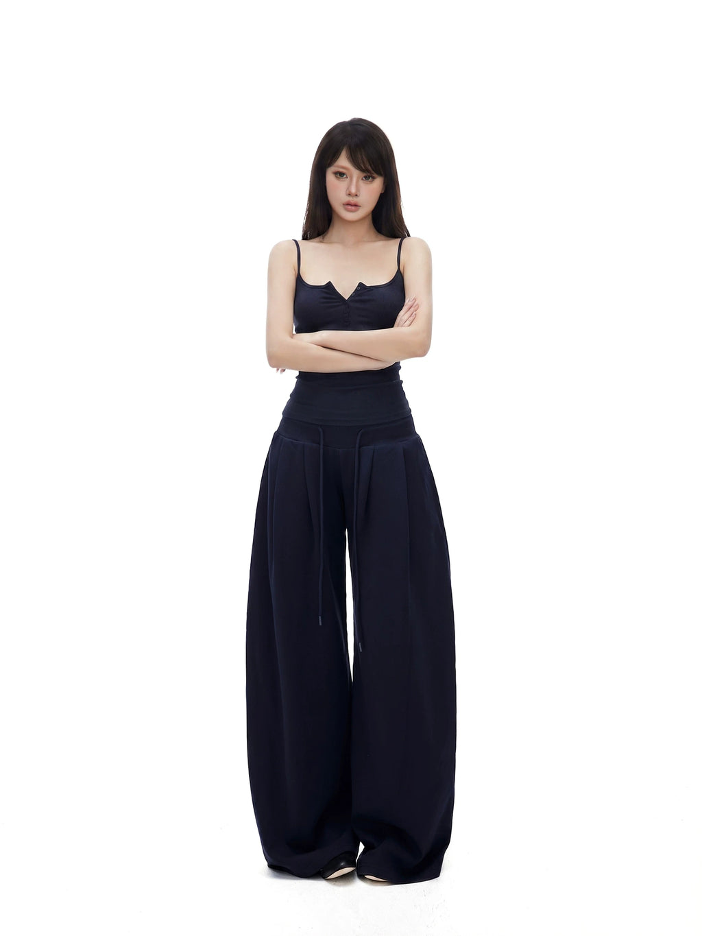 Button-Placket Cami & Drawstring Wide-Leg Pants Set