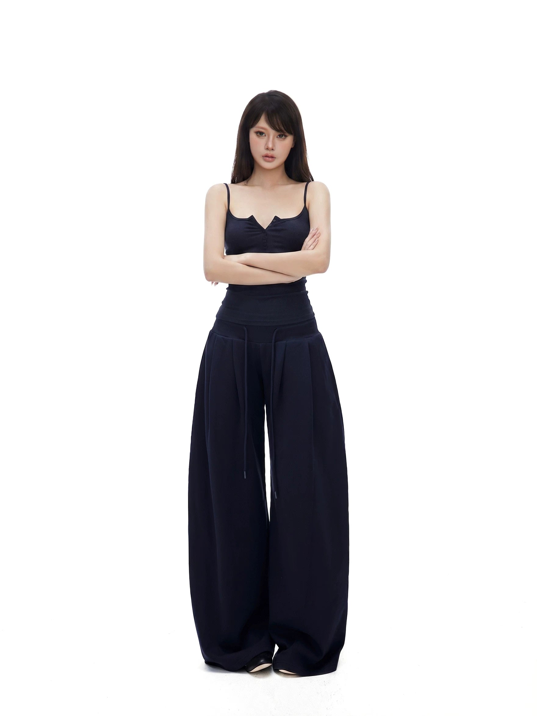 Button-Placket Cami & Drawstring Wide-Leg Pants Set