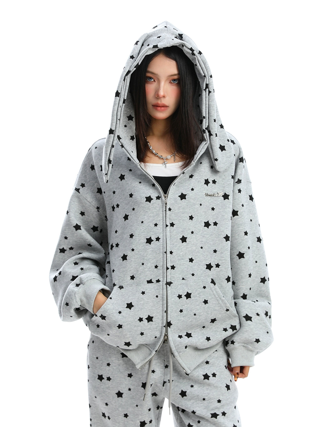 Full Print Star Rabbit Ears Hooded Sweatshirt Set