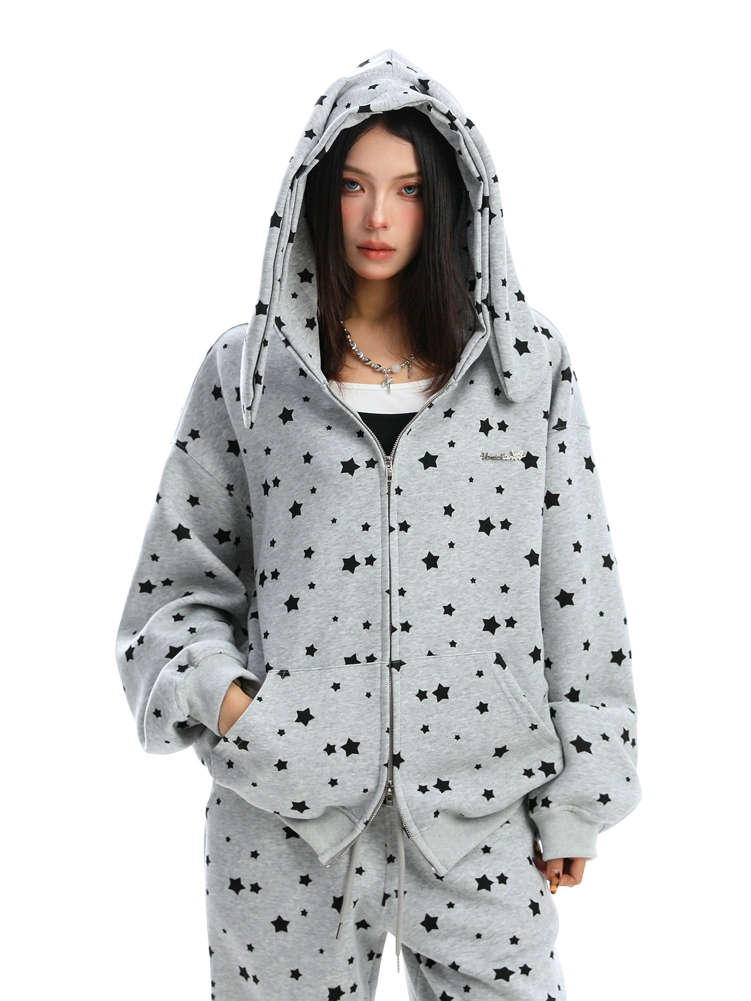 Full Print Star Rabbit Ears Hooded Sweatshirt Set